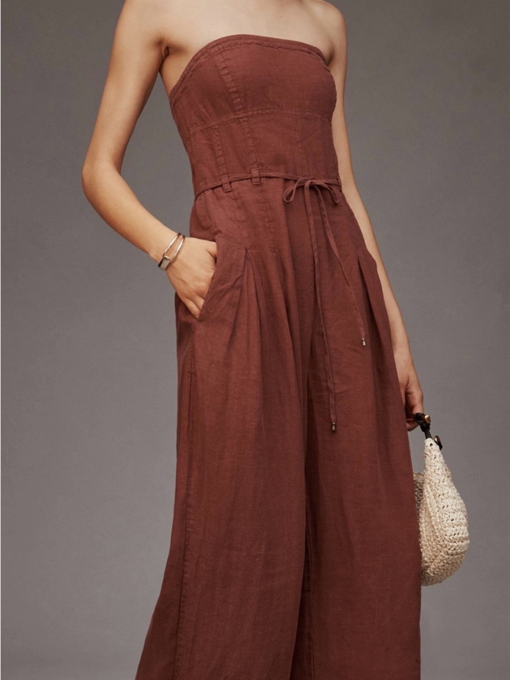 Anthropologie Strapless Wide-Leg Jumpsuit in Brown